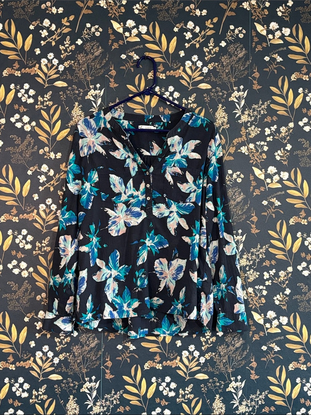 Carve Designs Black Floral Button Popover Top with Teal Accents Size L